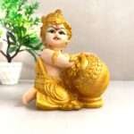 Bal Krishna Laddu Gopal Thakur Ji Makhan Chor Idol Murti Statue for Janmashtami Decorative Showpiece - 14 cm (Polyresin, Gold)