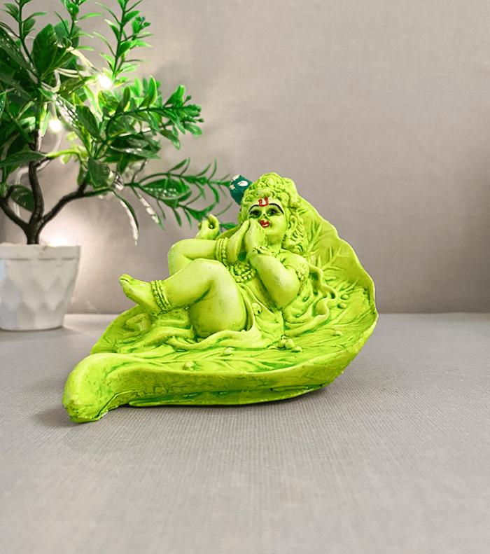SAJWATI Lord Krishna On Leaf Metal Idol Statue For Home Decorative Showpiece - 15 cm (Marble, Green) - Image 1